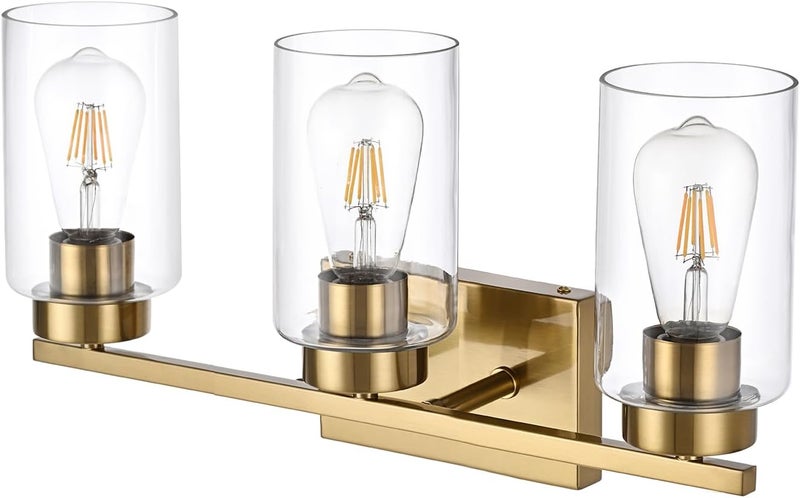 A1A9 3-Light Bathroom Vanity Light, Modern Brushed Gold Wall Lights with Clear Glass Shades, Bathroom Wall Sconce Lamp for Mirror Living Room Bedroom Hallway - Image 2
